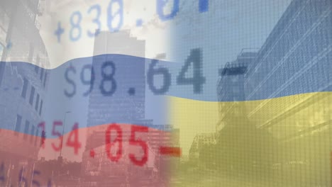 Animation-of-stock-market-data-pocesssing-and-waving-russian-flag-against-tall-buildings