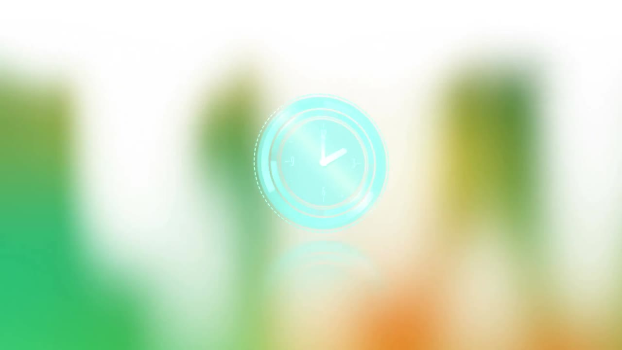 Animation of clock moving fast on digital colorful background