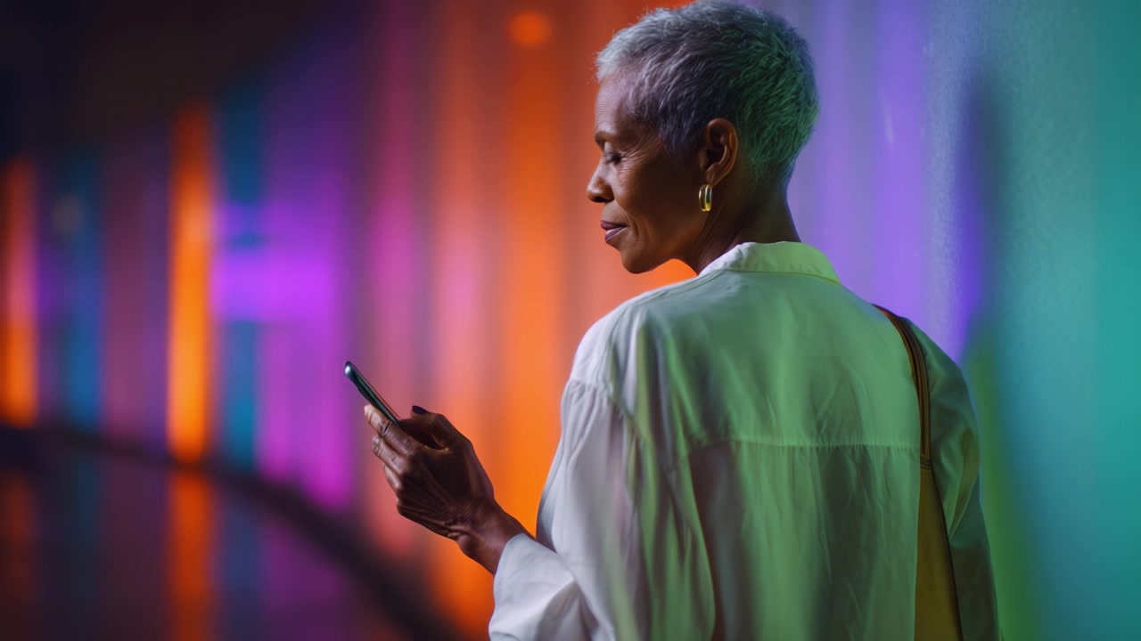 Et ettertenksomt øyeblikk: En elegant eldre kvinne interagerer med smarttelefonen sin midt i en levende og fargerik bakgrunn av lys og refleksjoner.