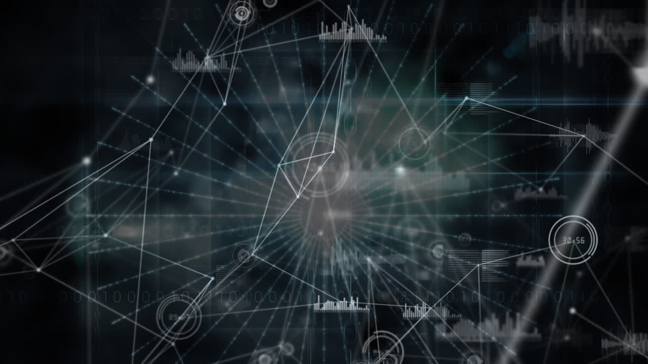 Network of connections and data processing against light trails on black background