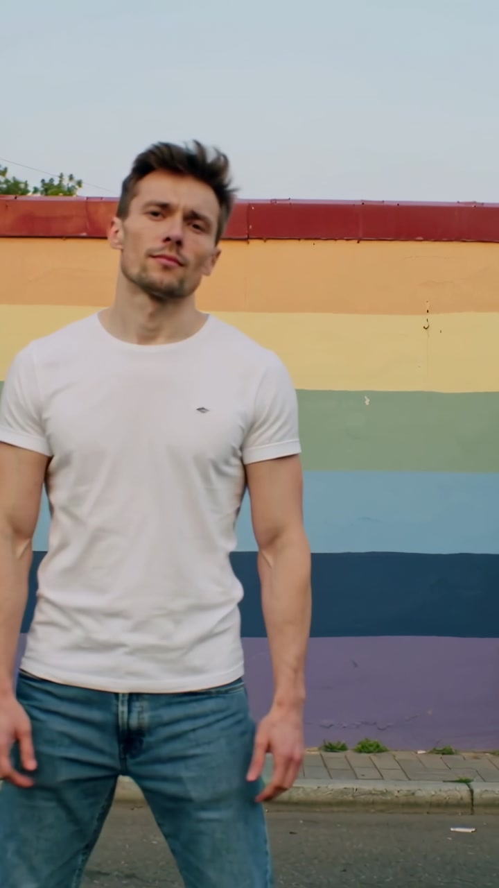 Vertical video: Shifting weight, man in white tee, jeans moving left along mural for portrait, pole