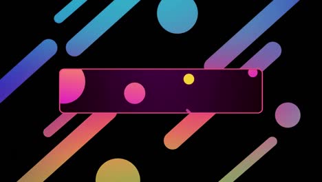 animation of blue, yellow and pink shapes, with central outline rectangle, on black background