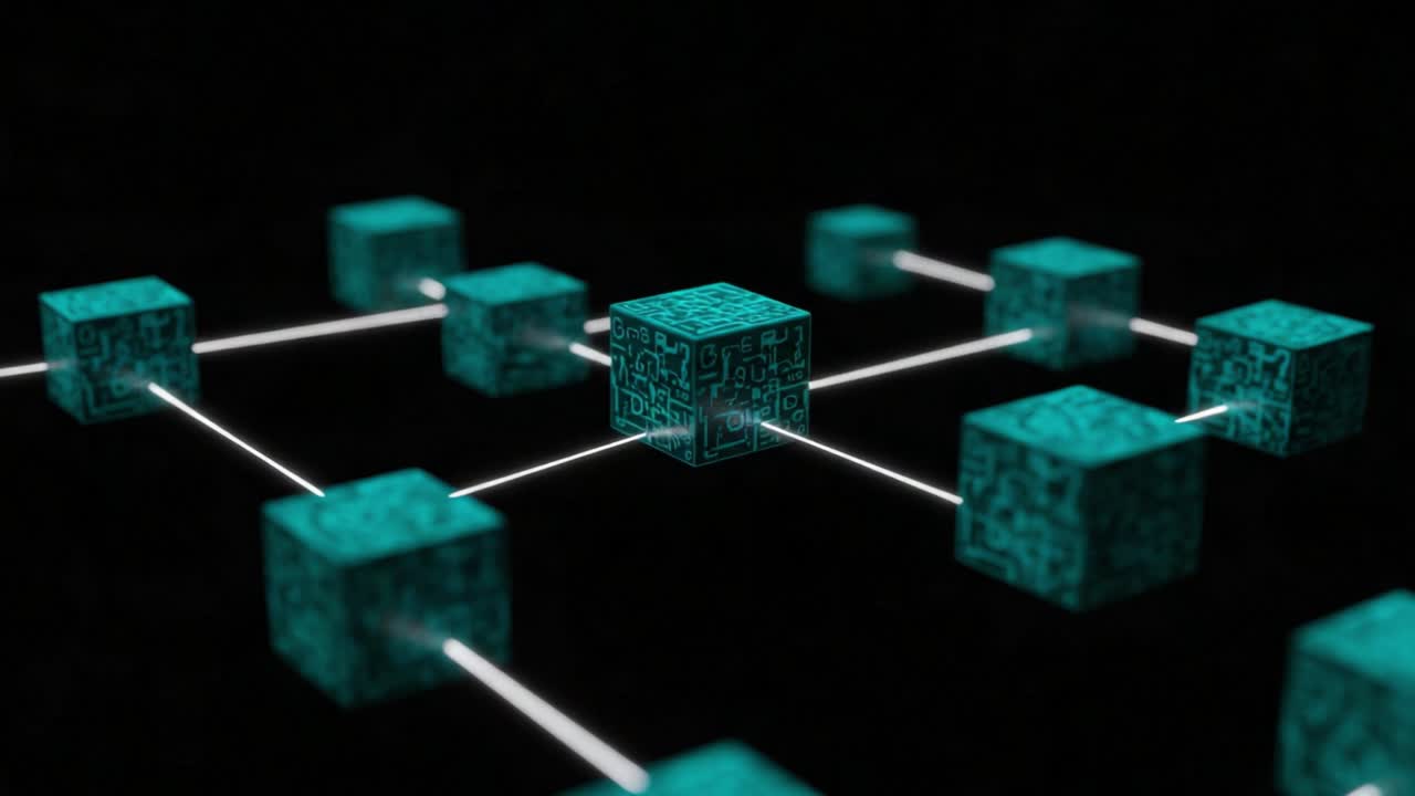 A Stunning Visualization of a Complex Network of Interconnected Blocks, Highlighting Technological Themes in a Futuristic Digital Space