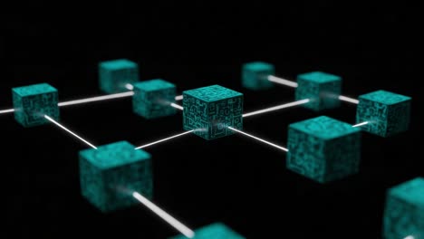 a stunning visualization of a complex network of interconnected blocks, highlighting technological themes in a futuristic digital space