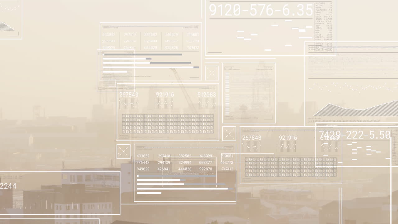 Animation of interfaces with data processing against aerial view of cityscape