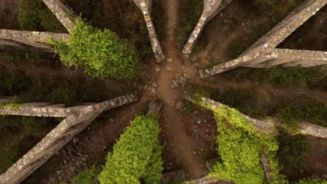 Aerial-top-view-of-abandoned-palace-symmetrical-ruins-pattern