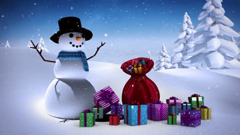 Snowman-with-sack-of-gifts-in-snowy-landscape