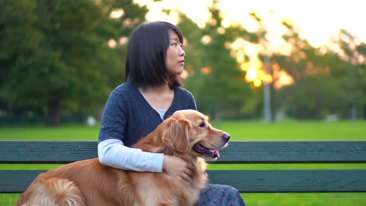 A Tranquil Evening: A Woman Sits Calmly on a Park Bench with Her Golden Retriever, Enjoying the Sunset and the Bond of Friendship in Nature's Embrace