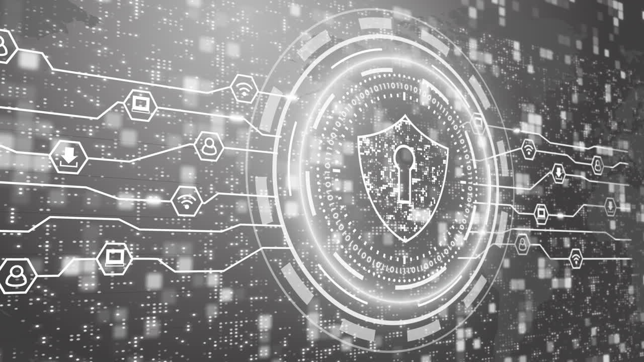 Cyber security shield neon icon. Digital protection of network data and users. Black and white background with flashing dots and lines. Loop video.