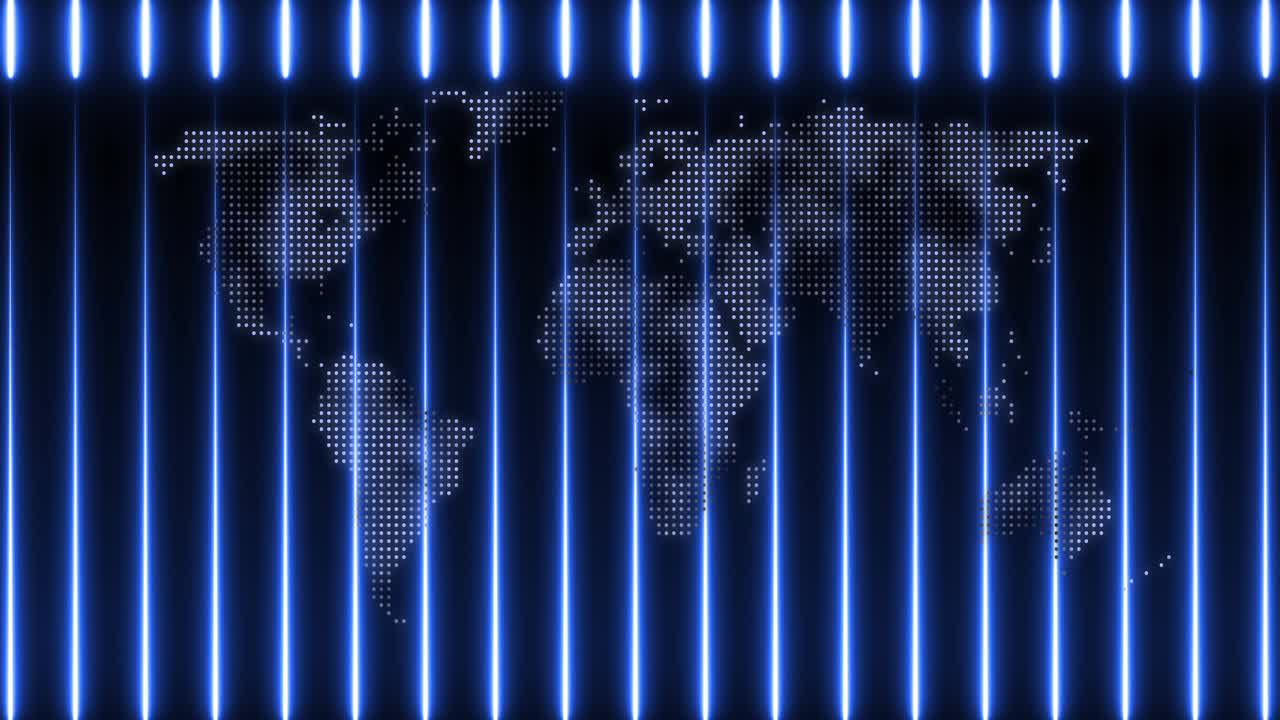 Loop starting, vertical blue neon bars pulsing, shifting band, revealing halftone map cyclically
