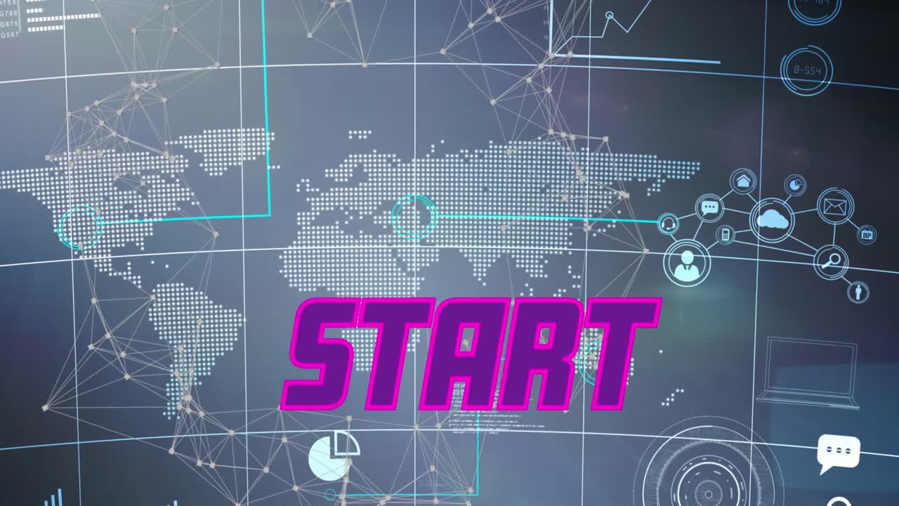 Animation of start text and world map on blue background