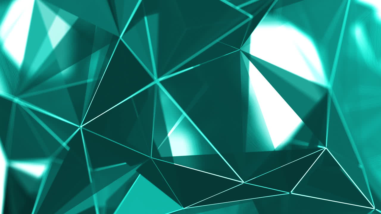 Abstract polygonal green background with triangles. Plexus of lines connecting points. Diamond crystals. Looped animation.