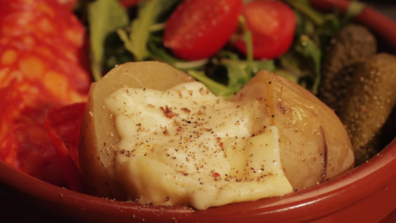 French Swiss or Spanish restaurant with traditional tapas food, Spanish cuisine, delicious tapas and cheese plate, bruschetta with cheese, olives dry tomatoes and tasty sandwich bar appetizer, buffet