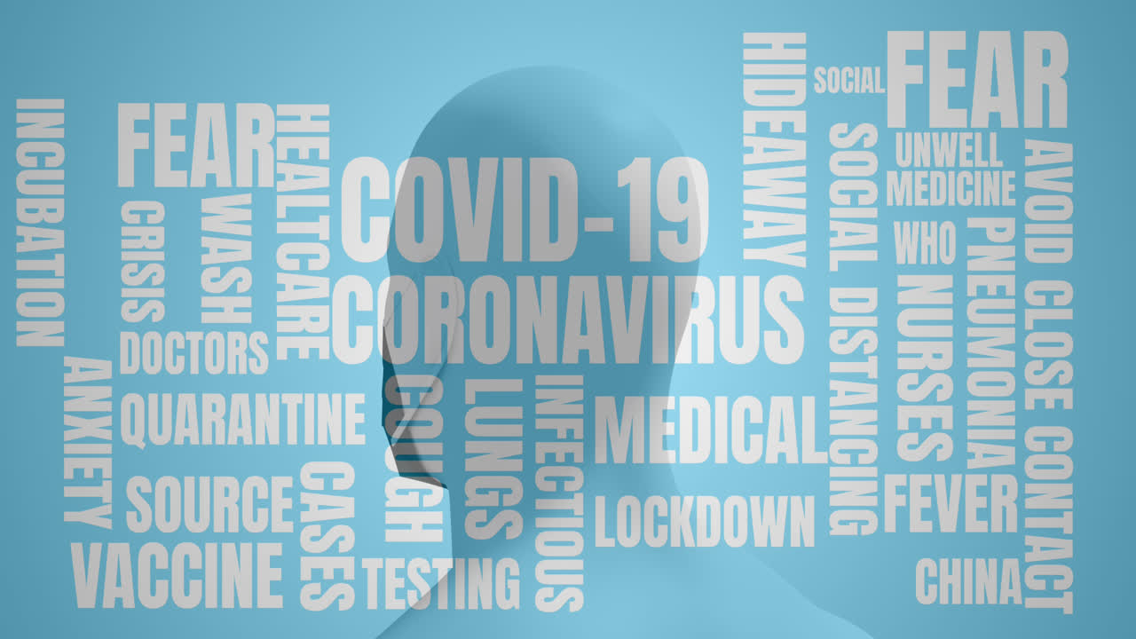 covid-19-konzepttexte gegen ein modell mit menschlichem kopf, das eine gesichtsmaske trägt