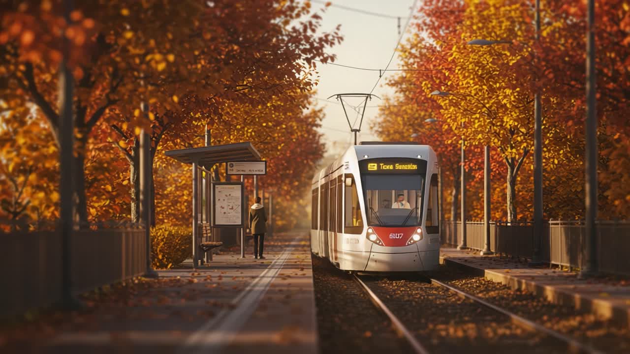 A Scenic Tram Journey Through Vibrant Autumnal Streets, Showcasing Golden Leaves and a Welcoming Stop at the City Station with Travelers Awaiting Their Ride
