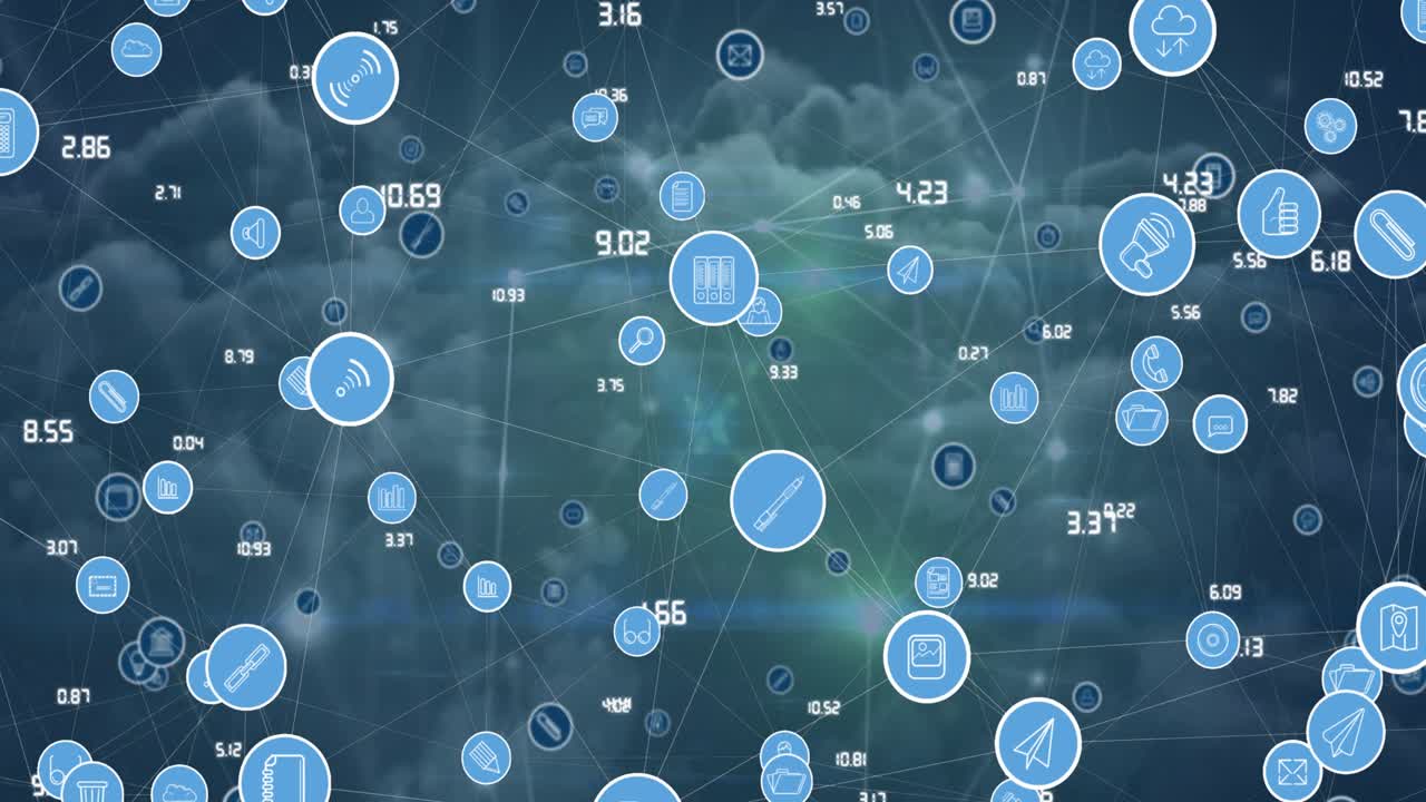 Animation of network of connections with icons over sky with clouds