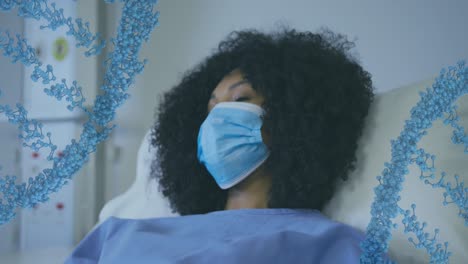 animación de hebras de adn azules que se mueven sobre una paciente femenina con máscara facial acostada en una cama de hospital