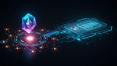 futuristic digital interface featuring a prism-like crystal above a complex circuit board with glowing connection points and data displays