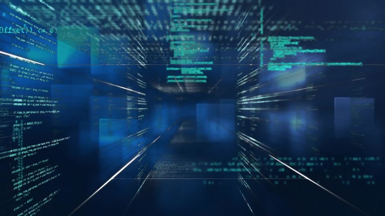 Animation of financial data processing over blue background