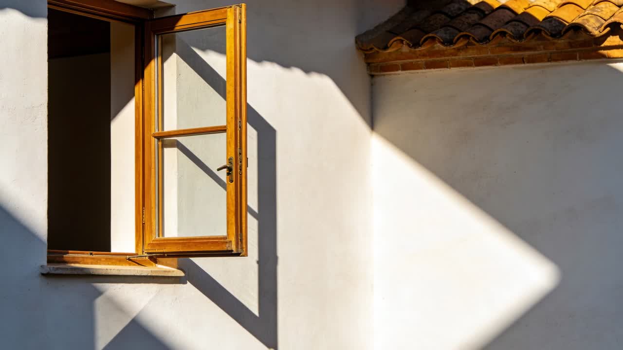 Shifting sunlight moving down wall in courtyard, open wood window with handle casting sun patch