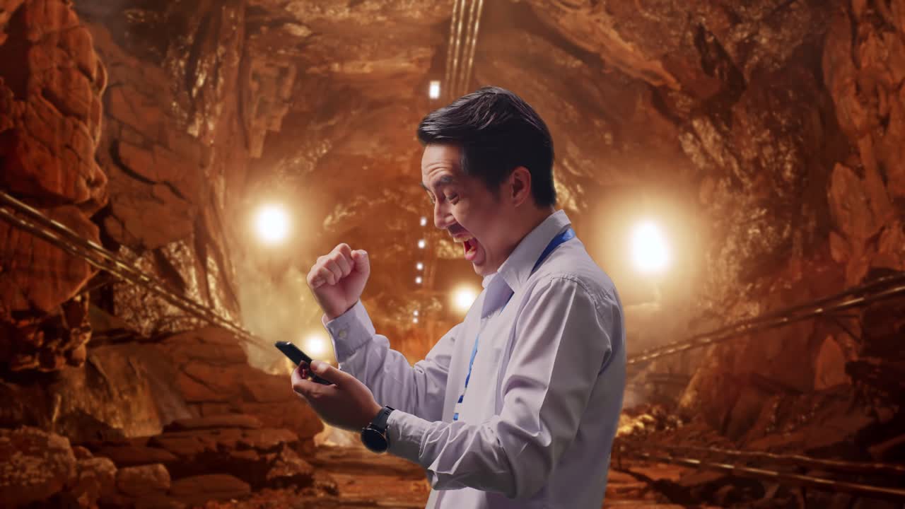 Side View Of An Asian Male Professional Worker With His Smartphone In Underground Mine Tunnel, He Raises His Fist Up With Screaming Goal After Check On The Smartphone