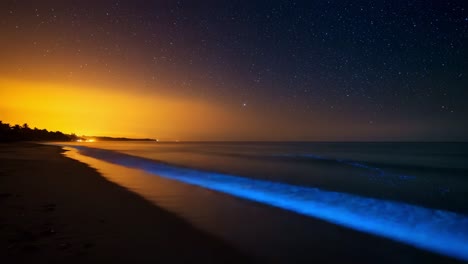 a stunning transition from dusk to night: capturing the bioluminescent wave glow and starry sky over the tranquil shoreline