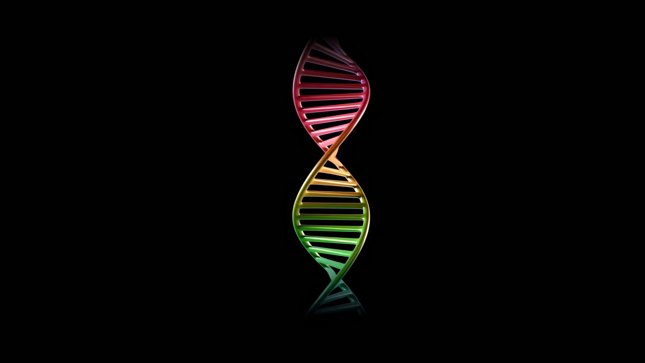 Colorful DNA Helix Glowing Against Black, Slow Rotating Neon Strands With Gradient Colors, Reflective Base,