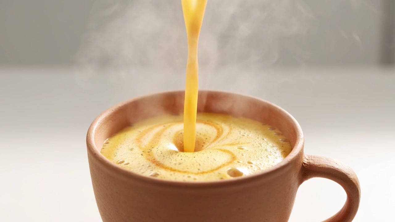 Latte dorato alla curcuma versato in una tazza di ceramica