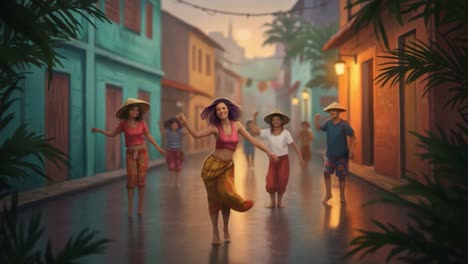 joyful celebration in rainy streets: people dancing and enjoying the festive atmosphere, vibrant colors and cultural expressions under a colorful sunset