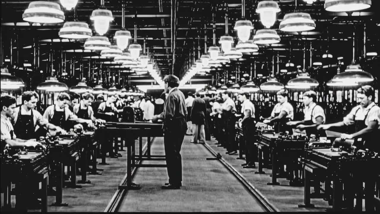 Fotogramma in bianco e nero di una catena di montaggio in fabbrica