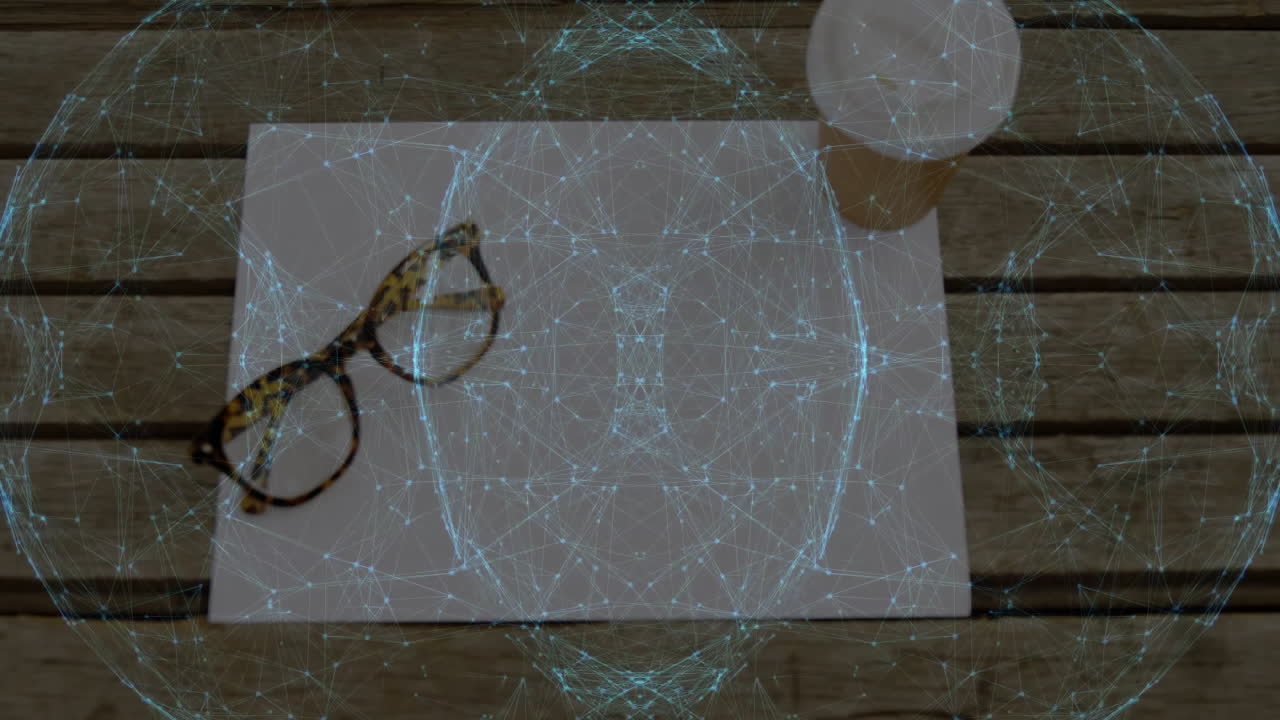 Flat design showing blank paper on wooden table with tortoiseshell glasses, coffee, network overlay