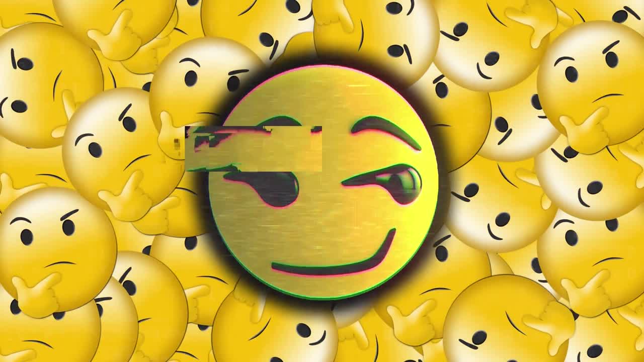 animación digital del efecto glitch sobre el emoji de cara sonriente contra varios emoji de cara de pensamiento