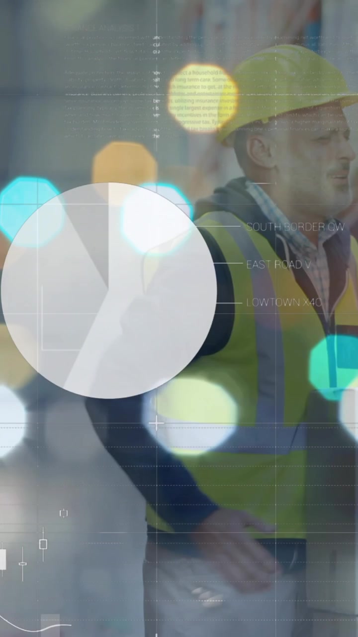 Animation of graphs and financial data over caucasian male warehouse worker