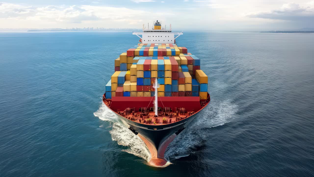 Aerial view of a cargo ship loaded with colorful containers sailing through calm waters, perfect