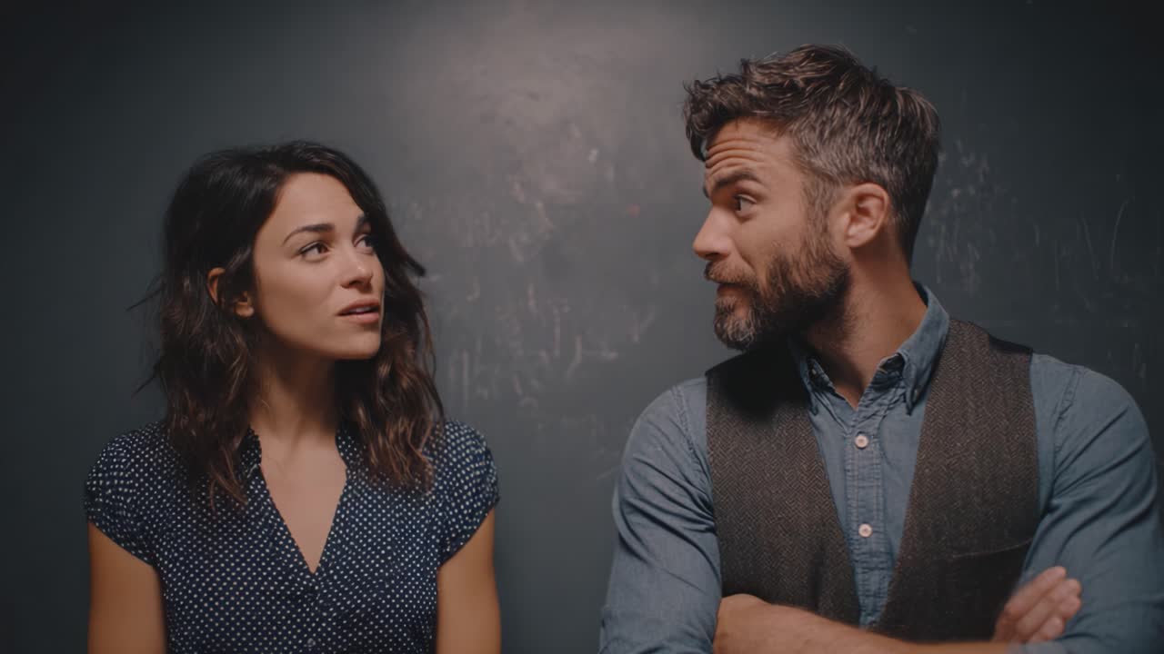 Un momento accattivante di connessione e conversazione tra due persone con espressioni distintive in un ambiente interno elegante