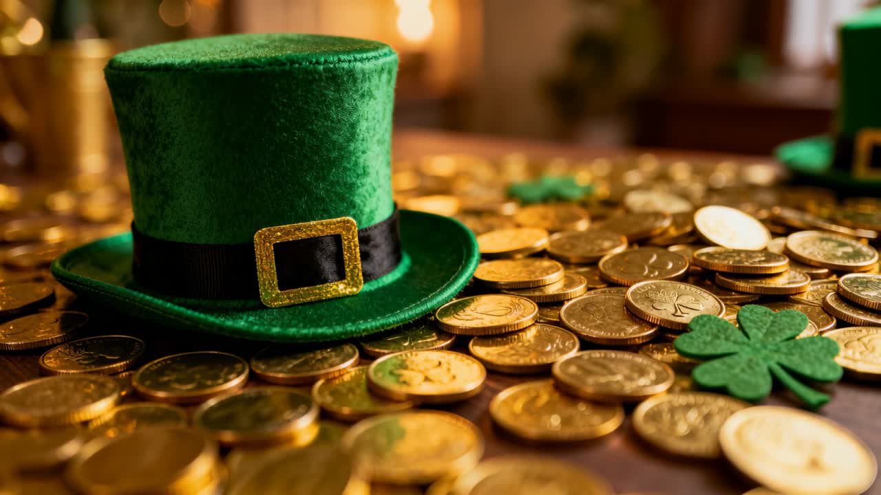 Moving camera revealing green felt hat and shamrock on coins at tabletop, showing St