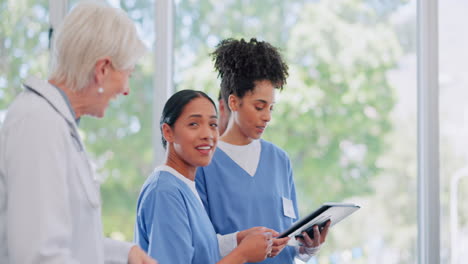 doctors, group and tablet in hospital