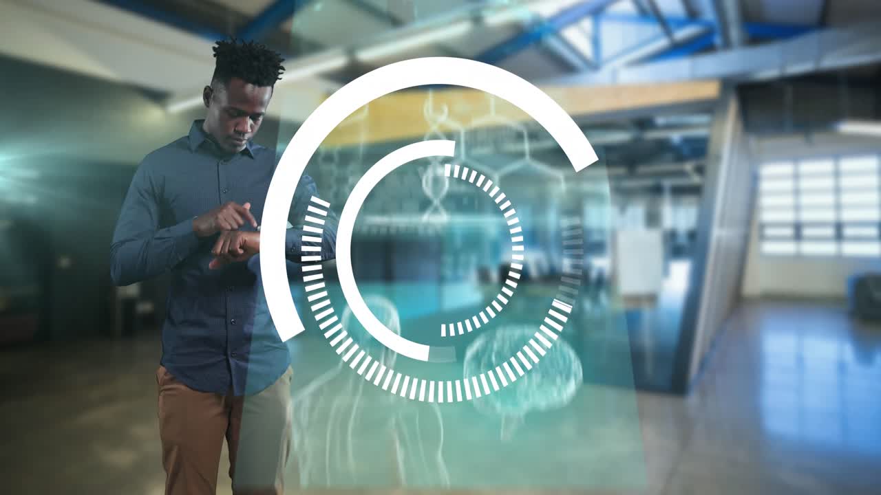 Circles moving and medical data processing against man using smartwatch