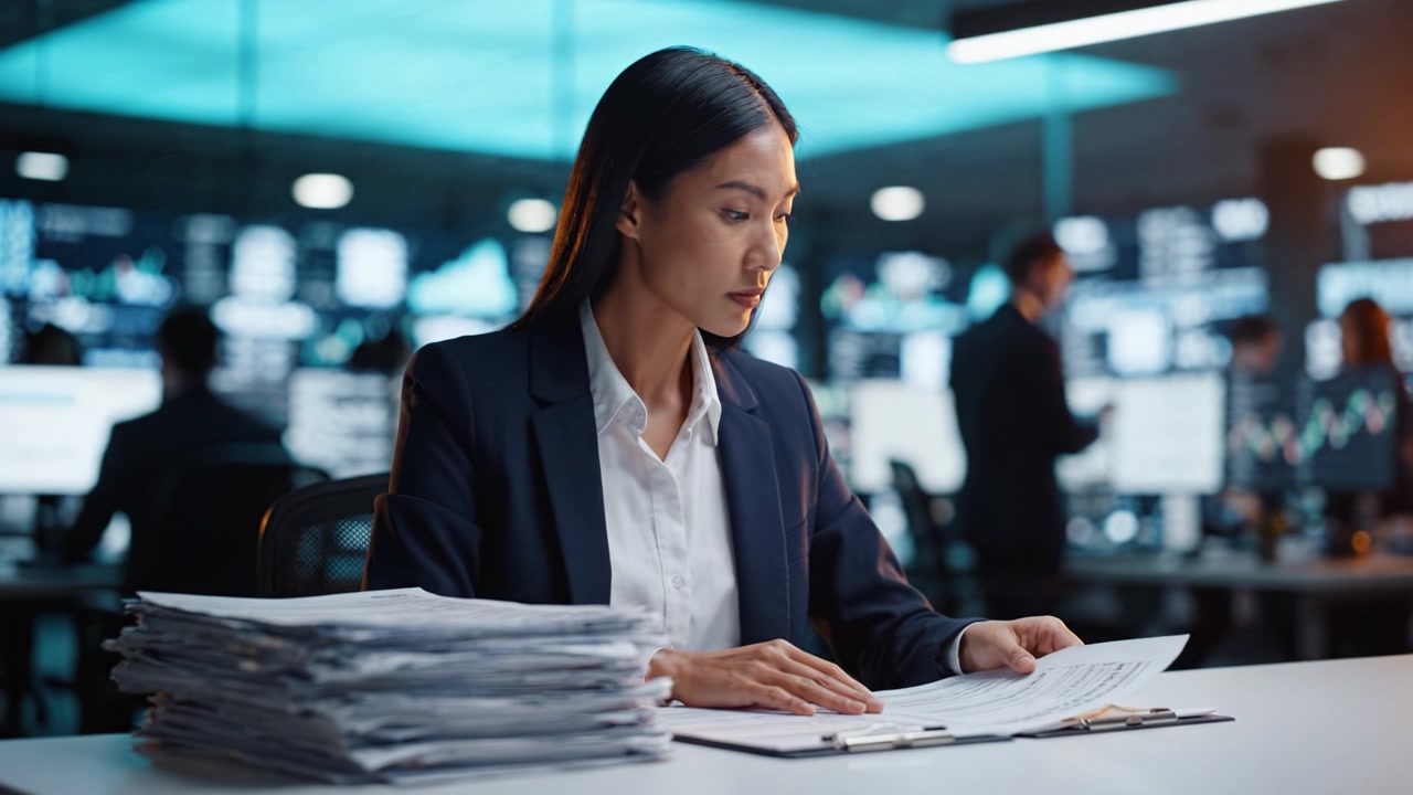 Business professional focused on paperwork in a modern office environment, surrounded by technology and data analysis, exemplifying concentration and efficiency.