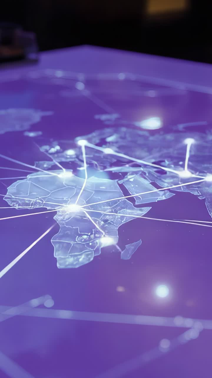 Vertical video: Booting table showing holographic map in dark room, linking glowing network nodes