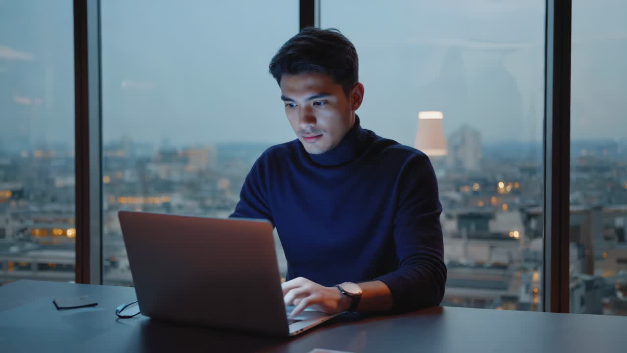 Man working on laptop with cityscape view