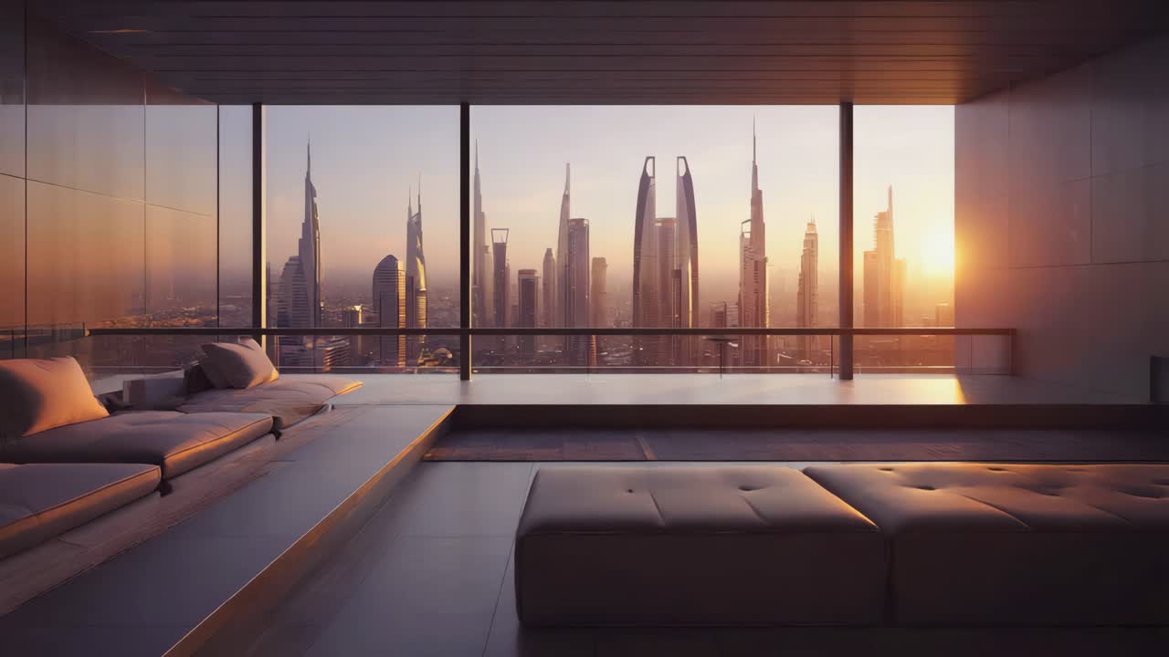 Luxury City View from Modern Interior at Sunset | Premium Stock Video ...