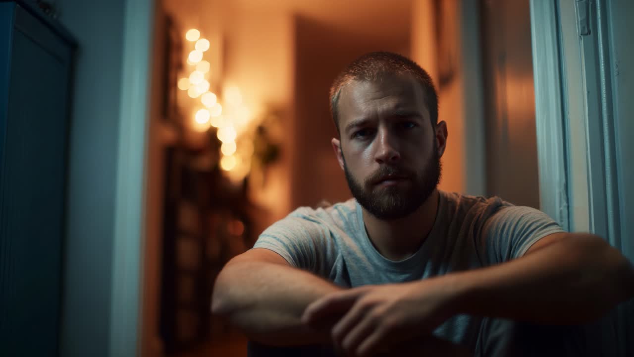 Un momento contemplativo catturato nel bagliore caldo della luce ambientale mentre un uomo guarda pensieroso in lontananza, rivelando uno strato di introspezione ed emozioni