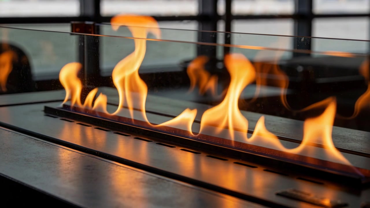 Réagissant au flux de gaz, des flammes centrales s'élèvent le long du brûleur sur un bar lounge, projetant la lueur d'une protection en verre.