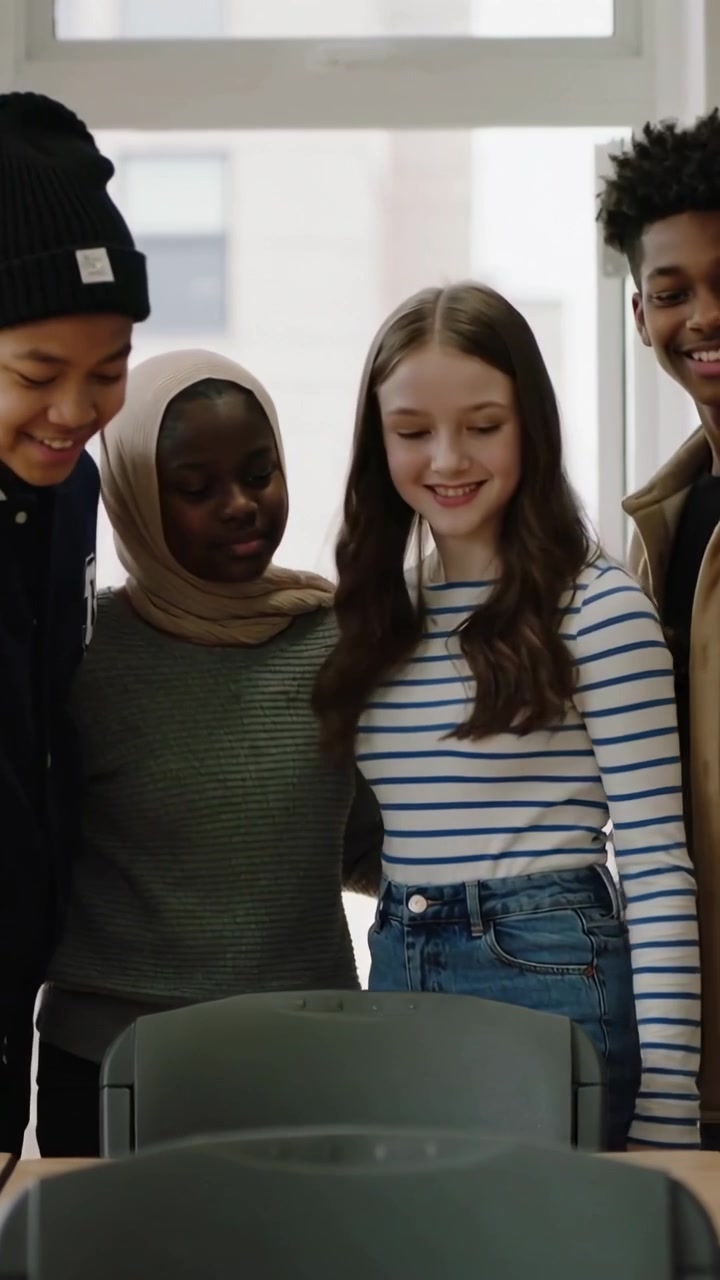 Vertical video: Opening glass door four students walking into classroom arriving, showing hijab
