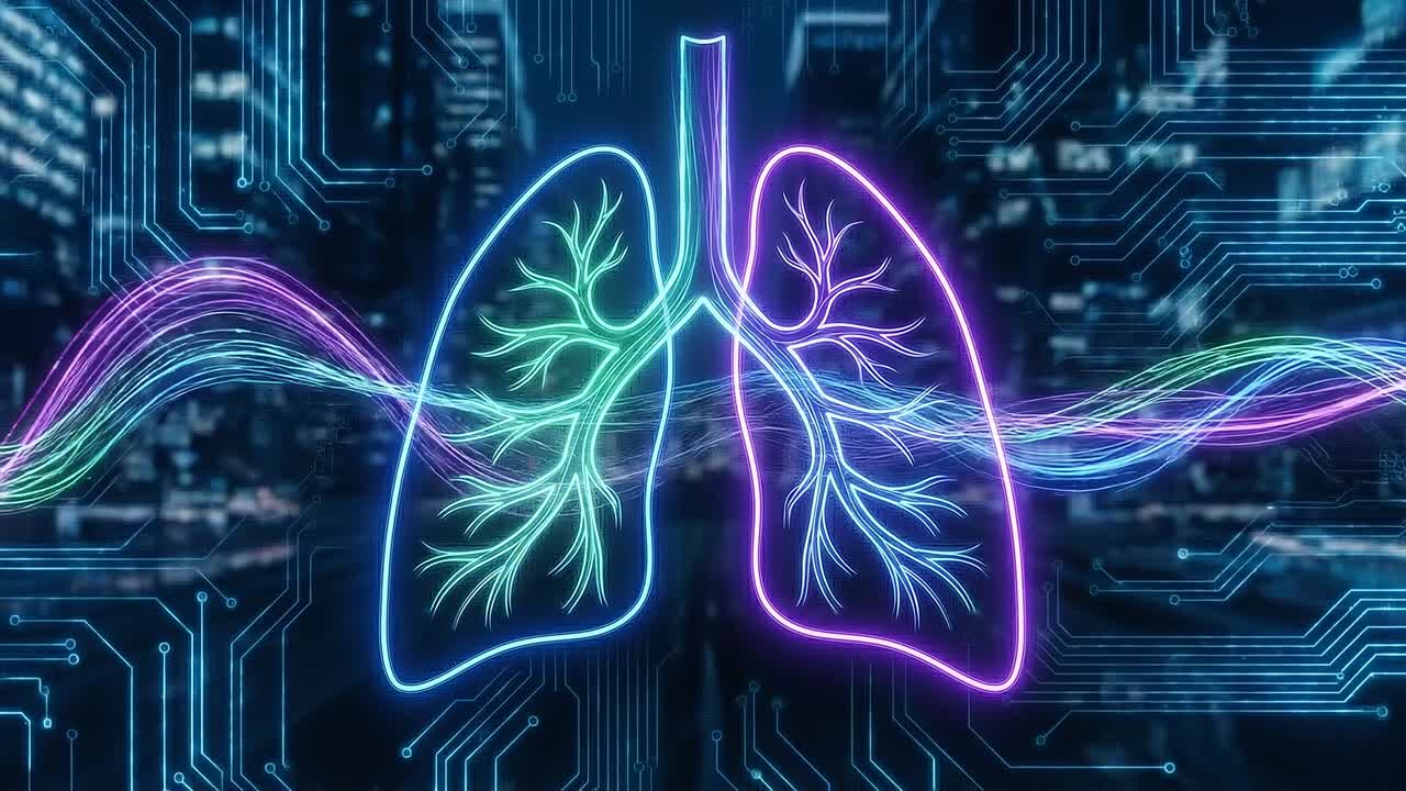 Glowing Digital Lungs with Circuit Board and Data Waves