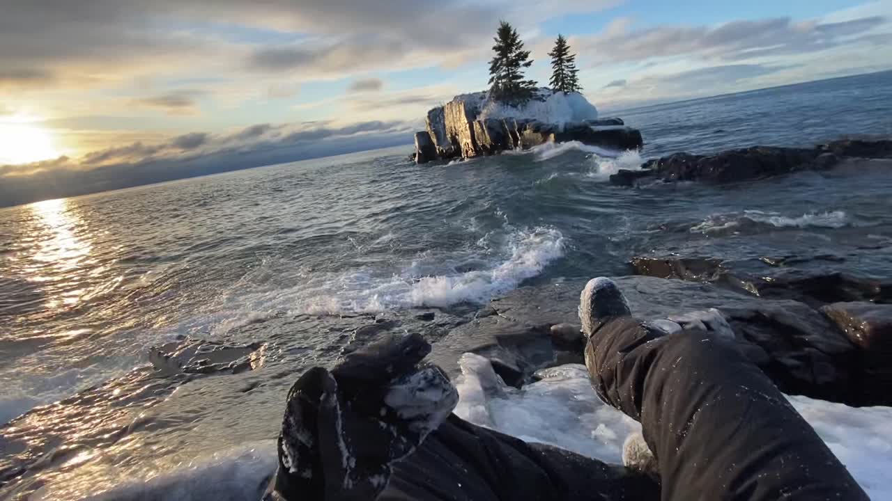 First person video hollow rock minnesota lake superior north shore winter wonderland