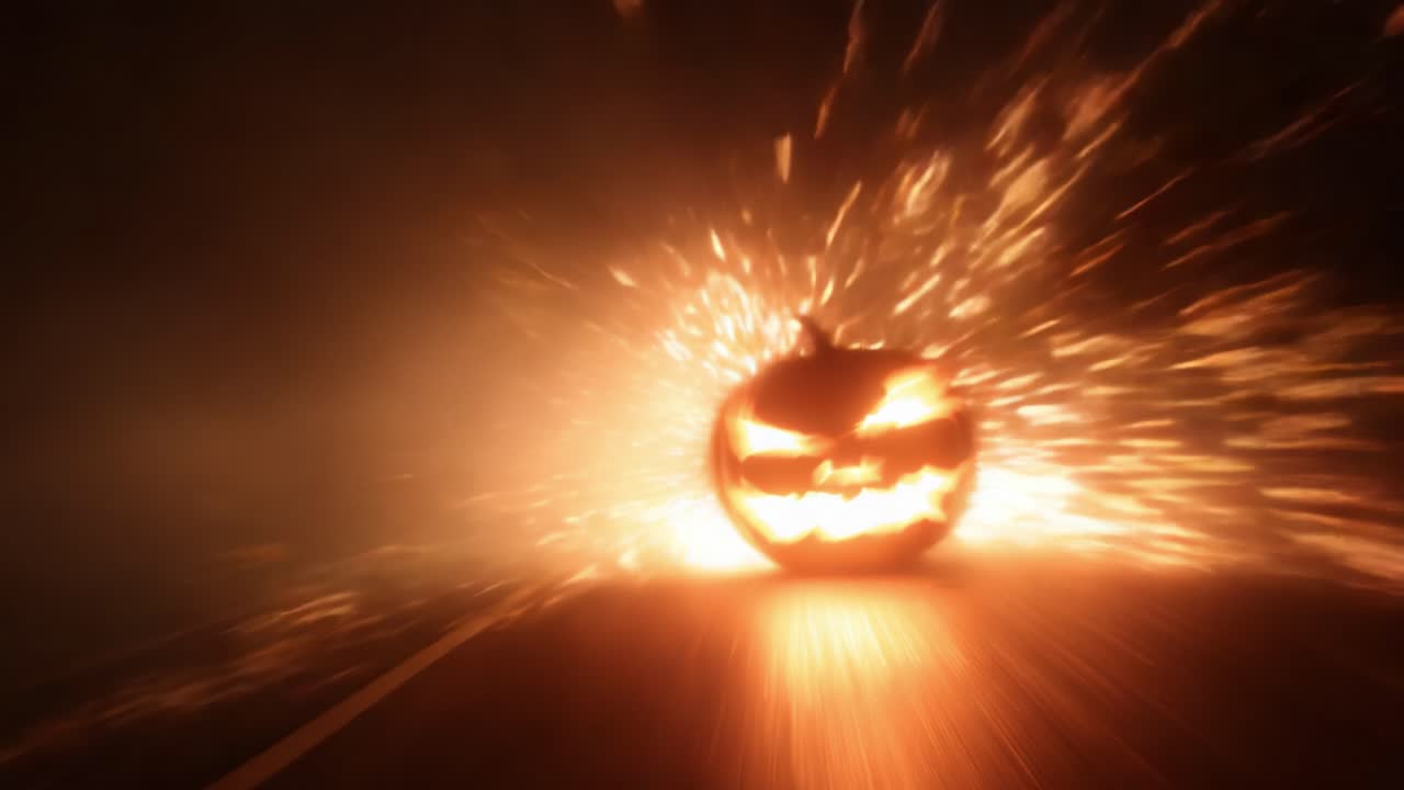 A Spooky Jack-o'-Lantern Ignites the Night with Fiery Sparks on an Eerie Road, Perfect for Halloween Revelry and Thrills
