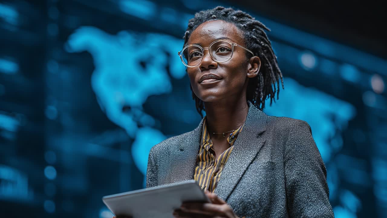 Professional Woman with Tablet Engaged in Discussion Against Background of Distant Map and Technical Data, Demonstrating Leadership and Communication Skills