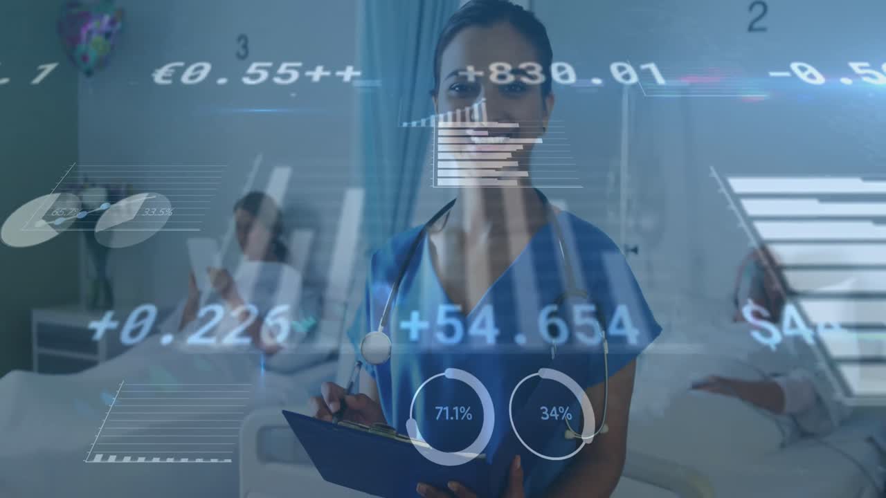 animación de procesamiento de datos y estadísticas sobre una doctora con clipboard